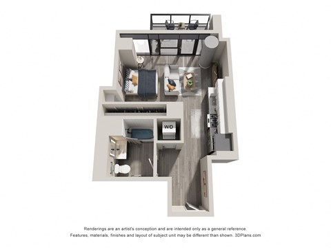 Floor plan for studio, 1 bath, 513 sqft